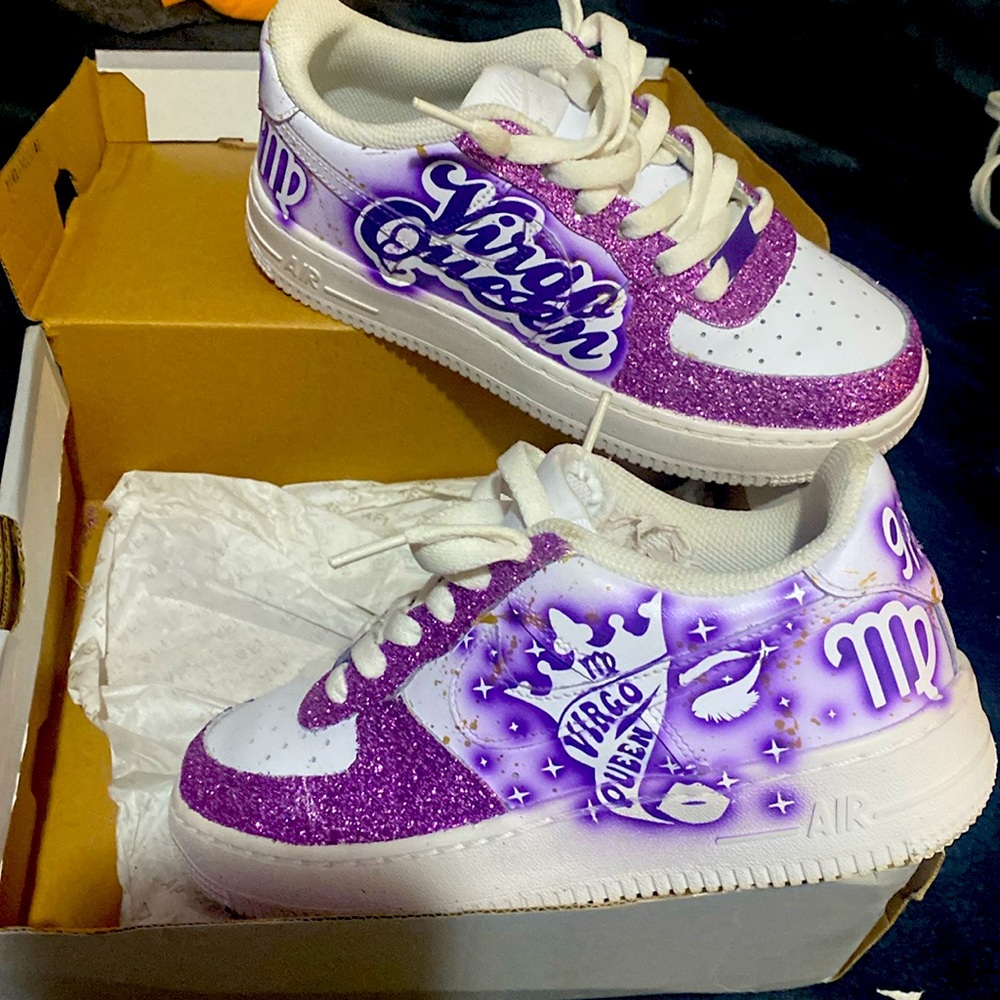 Nike Air Force 1 customized purple Virgo queen art n glittered out line